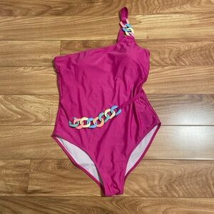 One-Shoulder Hot Pink One Piece Swimsuit with Colorful Link Chain XL